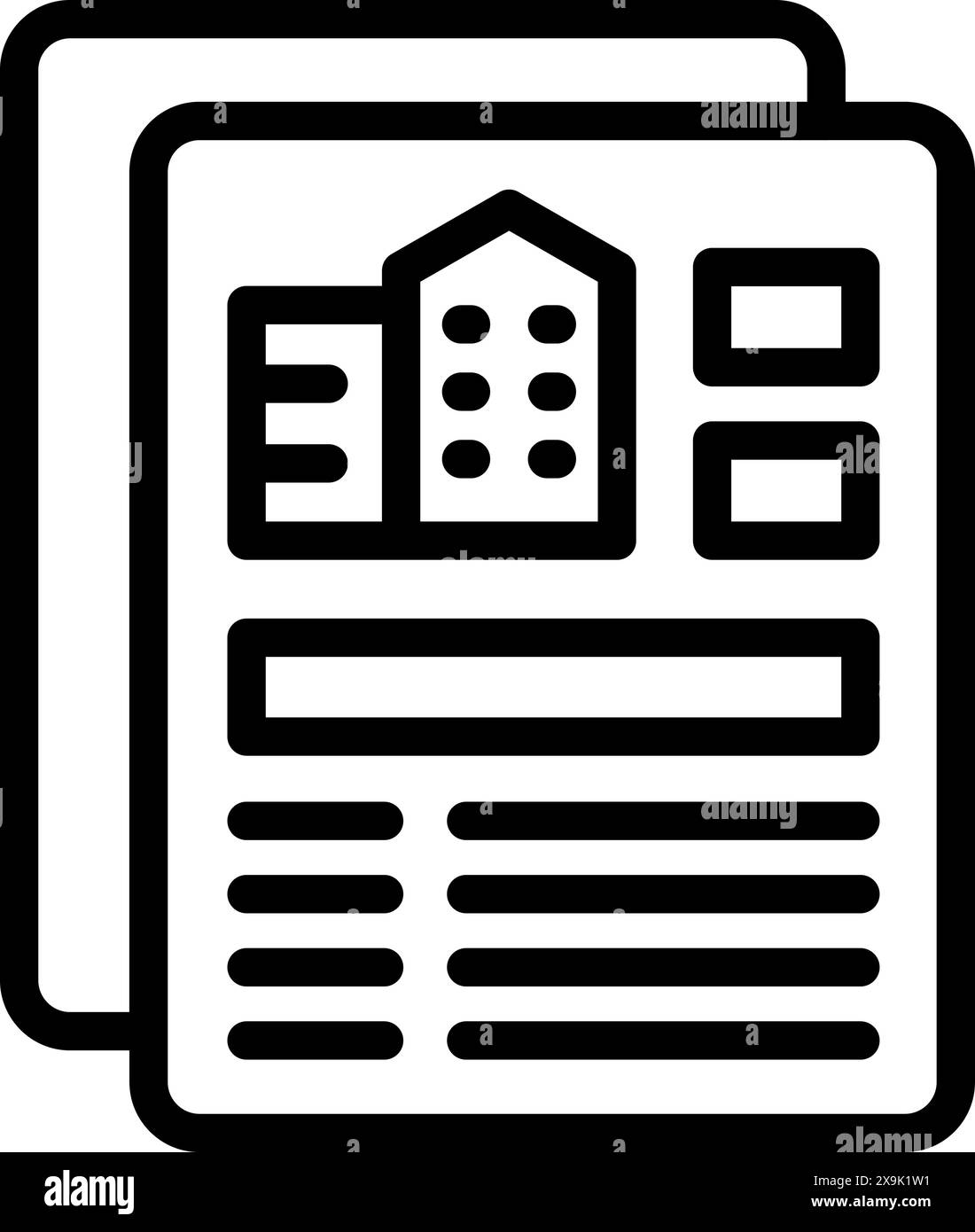 Simbolo grafico in bianco e nero dell'icona della newsletter immobiliare per la comunicazione immobiliare. Affari. Alloggiamento. E documentare le informazioni di pubblicazione. Pubblicità. Marketing. Annuncio. Notizie Illustrazione Vettoriale