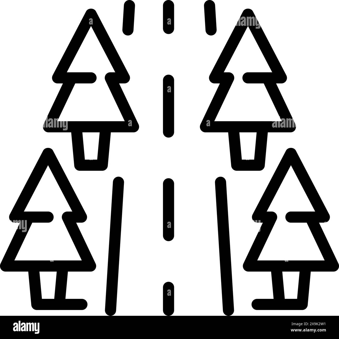 Illustrazione minimalista di una strada in bianco e nero con alberi. Raffigurante un tranquillo. Percorso ecologico attraverso la natura selvaggia. In un semplice. Stilizzato Illustrazione Vettoriale