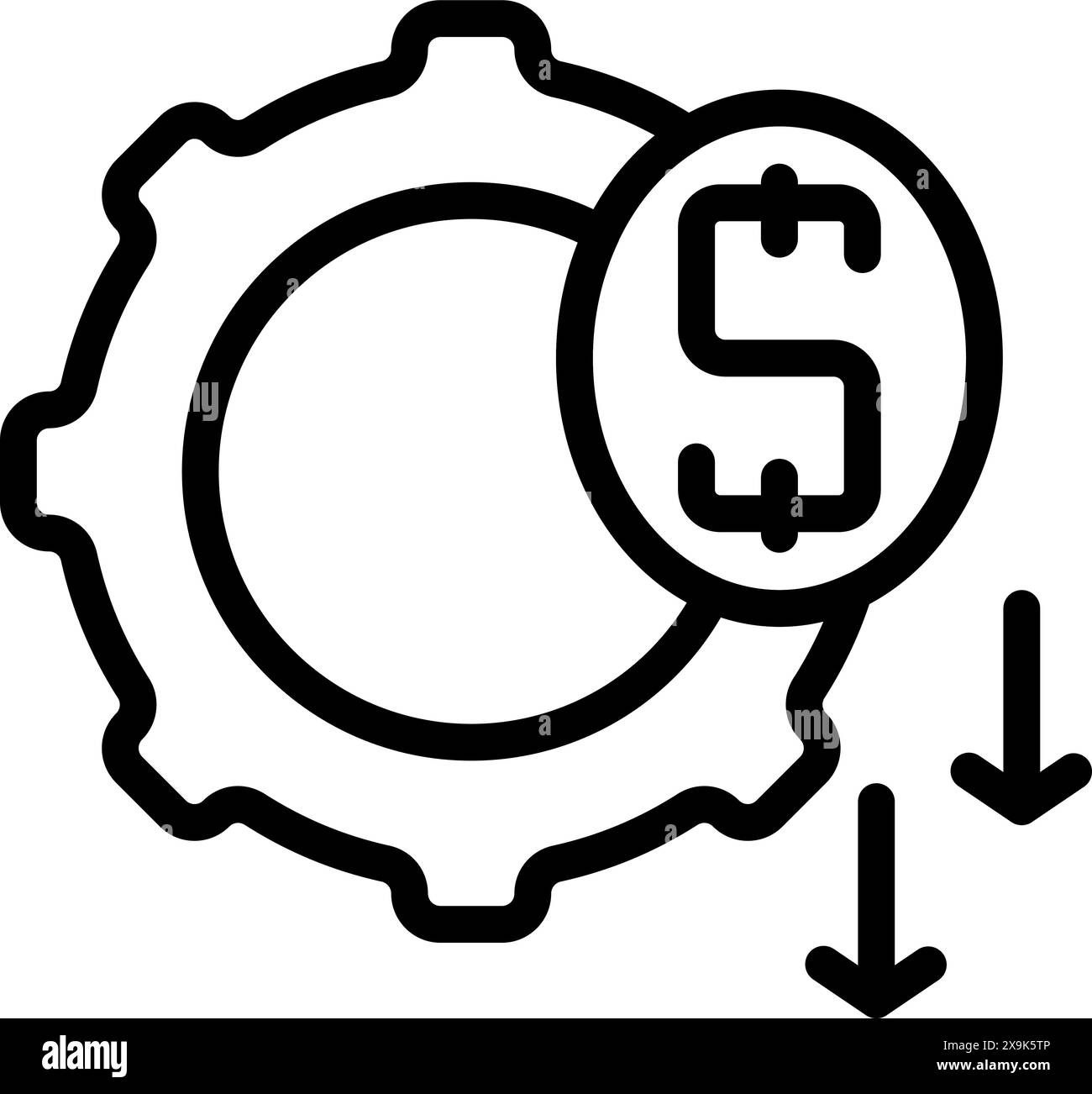 Icona vettoriale che mostra la riduzione dei costi in bianco e nero. Design grafico semplice con accessori e simbolo del dollaro Illustrazione Vettoriale