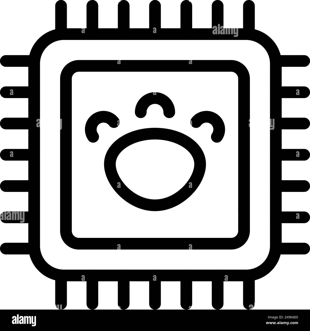 Disegno in bianco e nero di un allegro personaggio microchip, adatto per temi tecnologici Illustrazione Vettoriale
