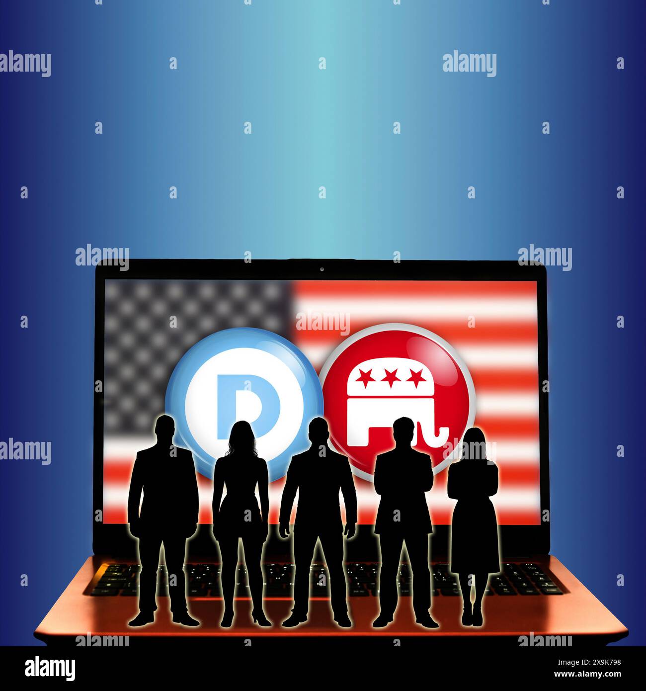 la gente ha la silhouette davanti a uno schermo con i simboli dei democratici e dei repubblicani Foto Stock