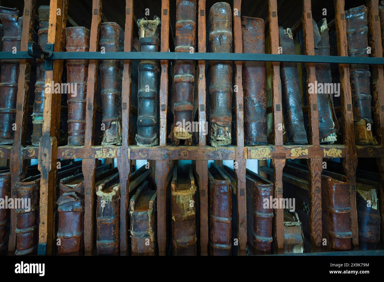 Molti, molti vecchi libri di copertina rigida rilegati in pelle su una libreria. Libreria piena di libri antichi rari, una raccolta di libri d'epoca. Foto Stock