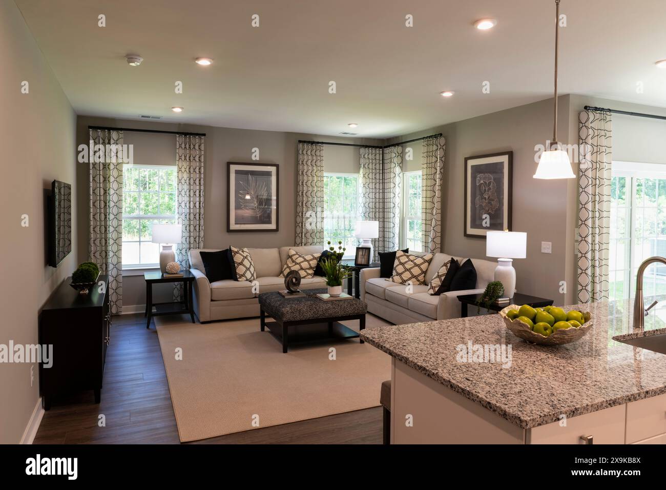 Cucina e soggiorno. Cucina con vista su un accogliente soggiorno sullo sfondo. Concetto immobiliare. Foto Stock