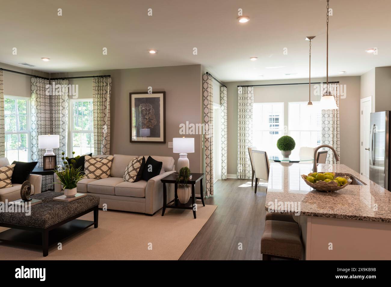 Cucina e soggiorno. Cucina con vista su un accogliente soggiorno sullo sfondo. Concetto immobiliare. Foto Stock