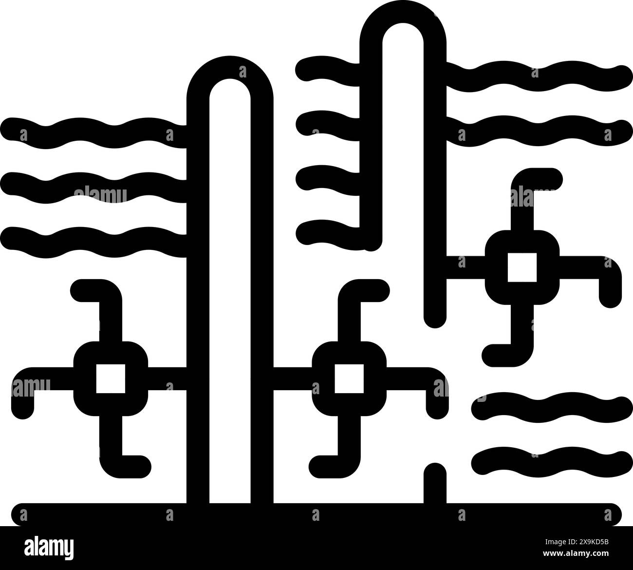 Illustrazione vettoriale dell'icona dei tubi dell'acqua industriali con valvole e controllo del flusso in bianco e nero Illustrazione Vettoriale