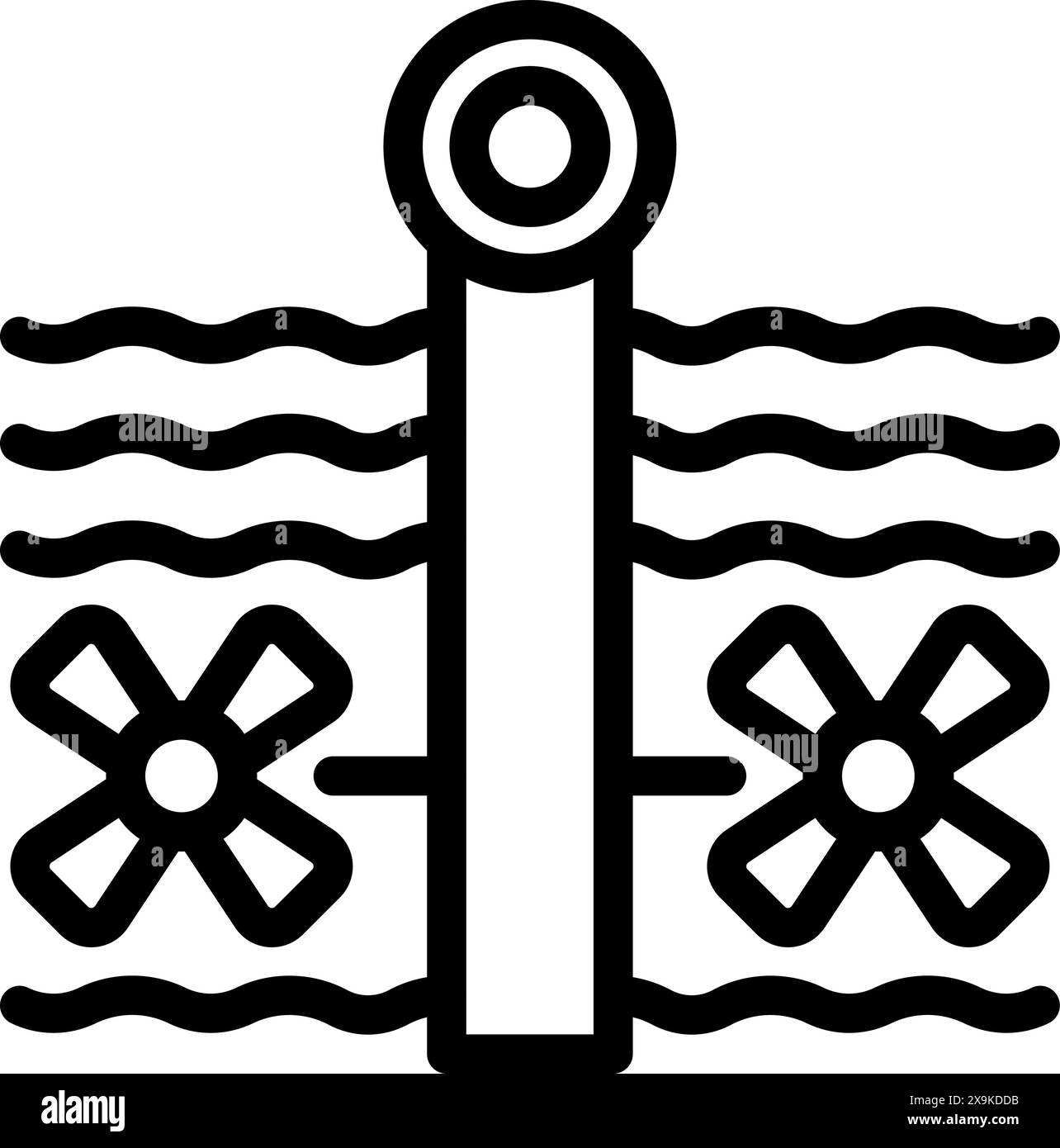 Semplice icona in bianco e nero di un molo con onde e pagaie incrociate Illustrazione Vettoriale