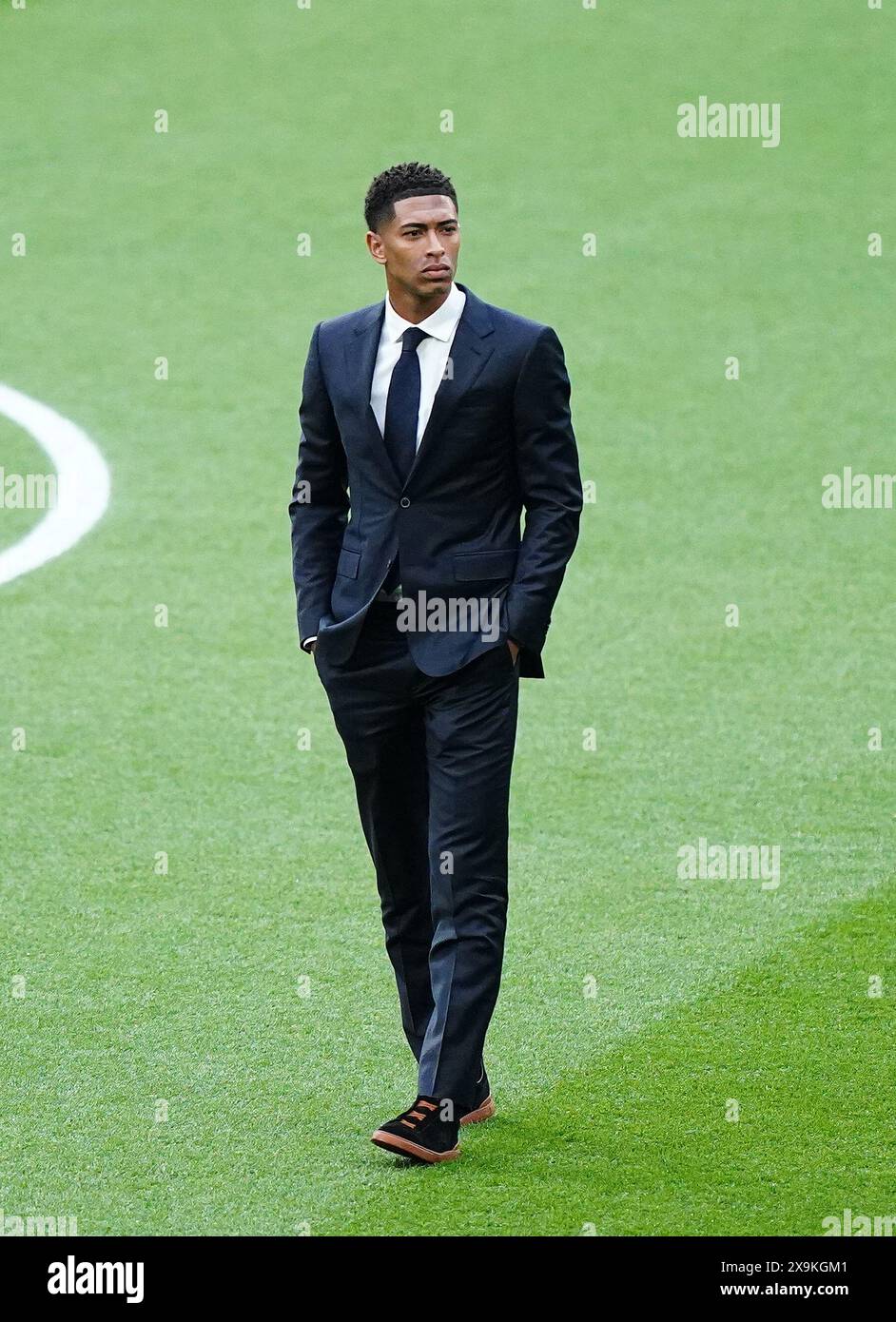Jude Bellingham del Real Madrid arriva davanti alla finale della UEFA Champions League allo stadio Wembley di Londra. Data foto: Sabato 1 giugno 2024. Foto Stock