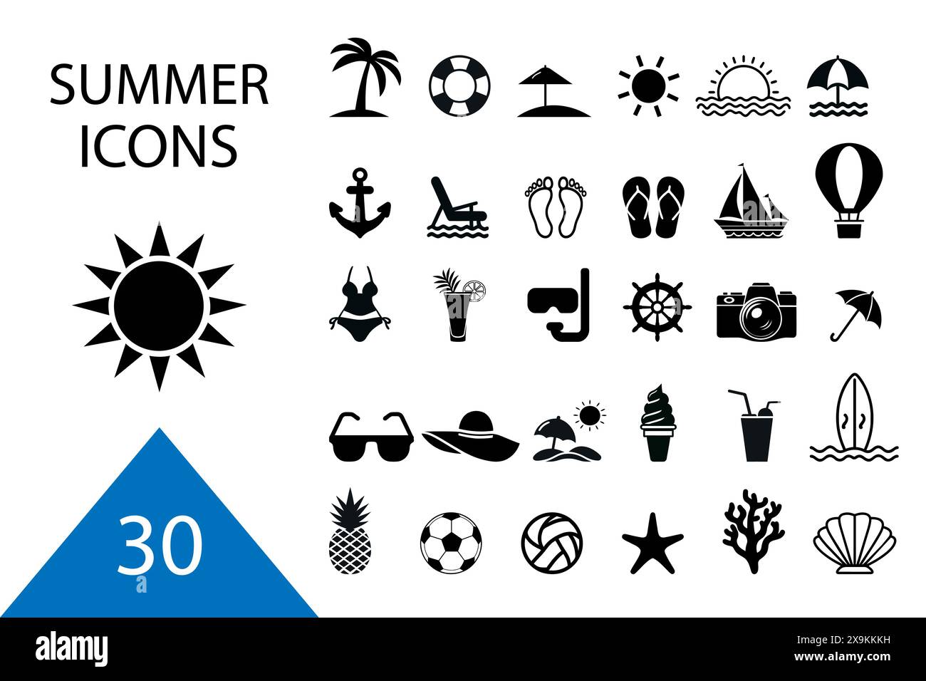 Set di icone vettoriali estive. Icone, cartelli e banner. Elementi di raccolta per vacanze estive, viaggi, turismo e feste. Illustrazione vettoriale. Illustrazione Vettoriale