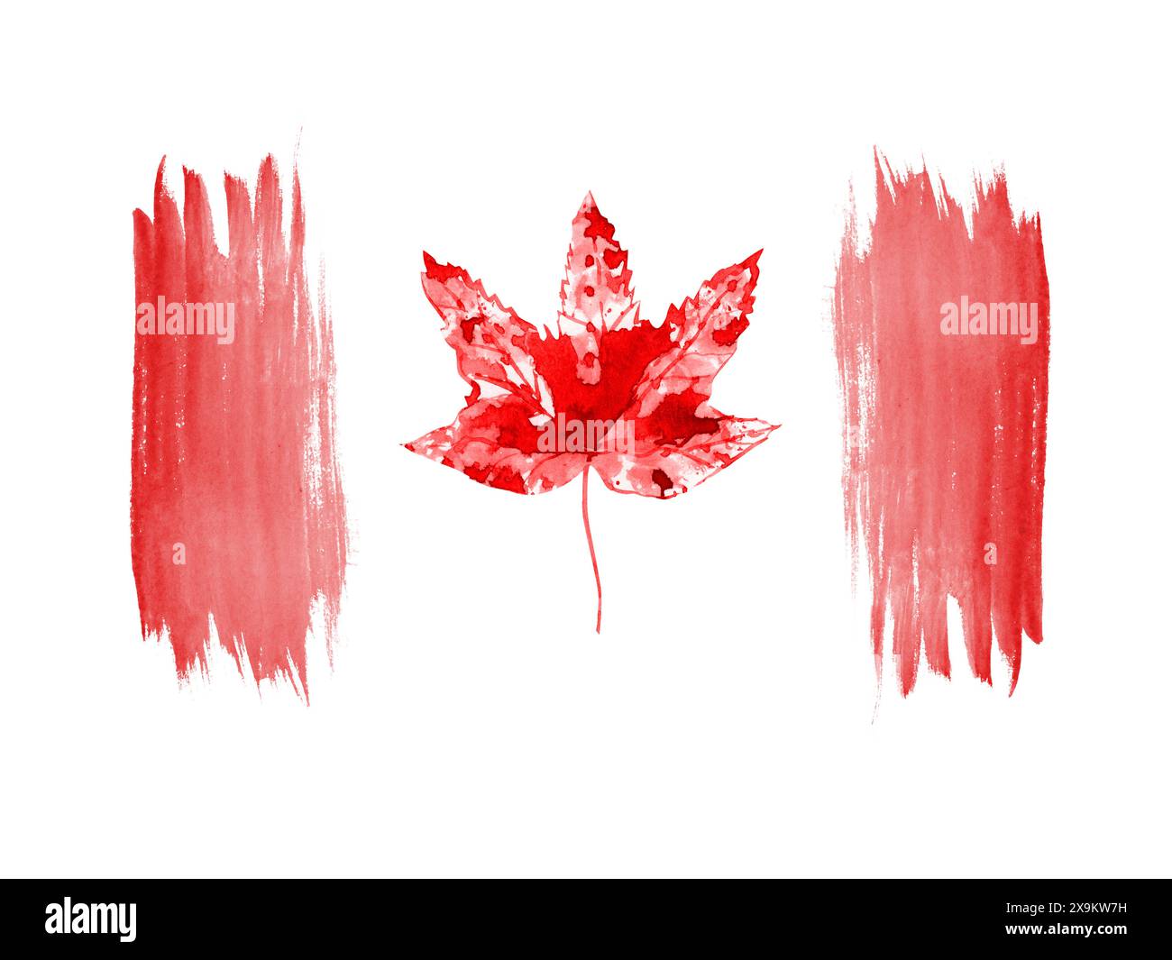 Foglie d'acero e schizzi di colore rosso. Buon Canada Day. Biglietto d'auguri del 1° luglio. Composizione celebrativa. Pennellate dipinte a mano. Foto Stock