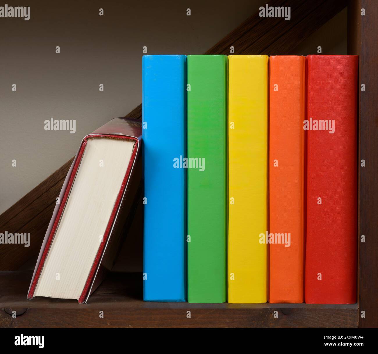 Ripresa orizzontale di libri stampati multicolore vuoti su uno scaffale. Un libro è dalla sua parte. Foto Stock
