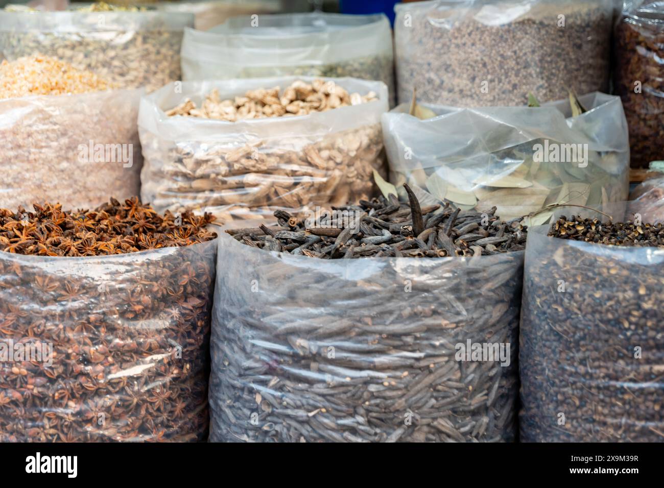 Scopri il vibrante mondo dei sapori con questa accattivante immagine che mostra una varietà di spezie in un negozio di spezie locale. Dai toni terrosi del chiodi di garofano Foto Stock