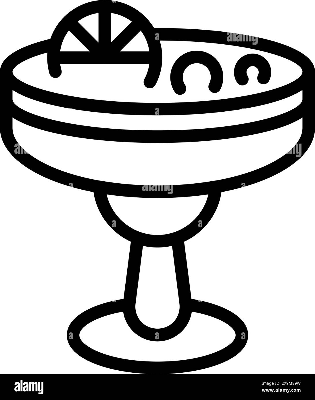 Illustrazione in linea bianca e nera di un cocktail di margarita con contorno di fette di lime Illustrazione Vettoriale