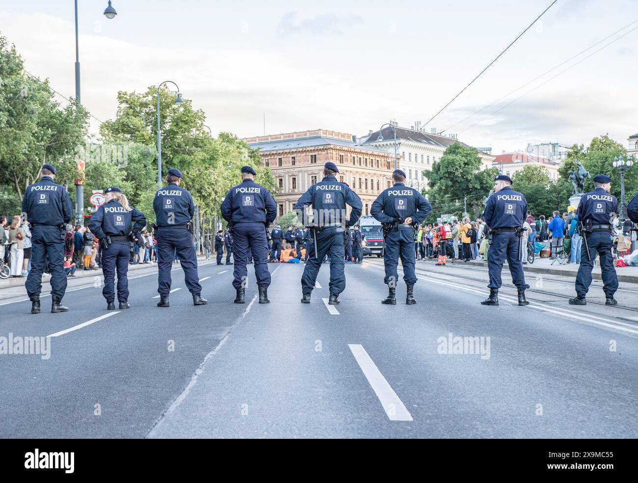 Klimaaktivisten der, letzten Generation' klebten sich im Zuge einer Protestaktion auf der Ringstraße vor dem Parlament auf die Straße. Im Bild: Polizisten und Klimaaktivisten auf der Ringstraße vor dem Parlament in Wien am 01.06.2024 // attivisti per il clima dell'organizzazione, di ultima generazione si sono indignati per strada davanti al parlamento austriaco a Vienna. Foto: Forze di polizia e attivisti per il clima davanti al Parlamento austriaco a Vienna il 1° giugno 2024 - 20240601 PD14079 credito: APA-PictureDesk/Alamy Live News Foto Stock