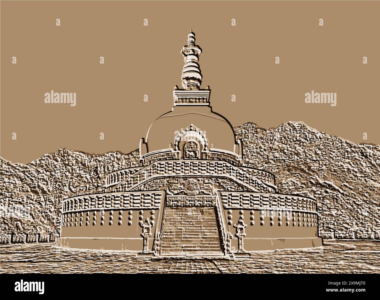 Stupa Shanti alto vicino a Leh, Ladakh, Jammu e Kashmir, India, illustrazione a colori seppia Foto Stock