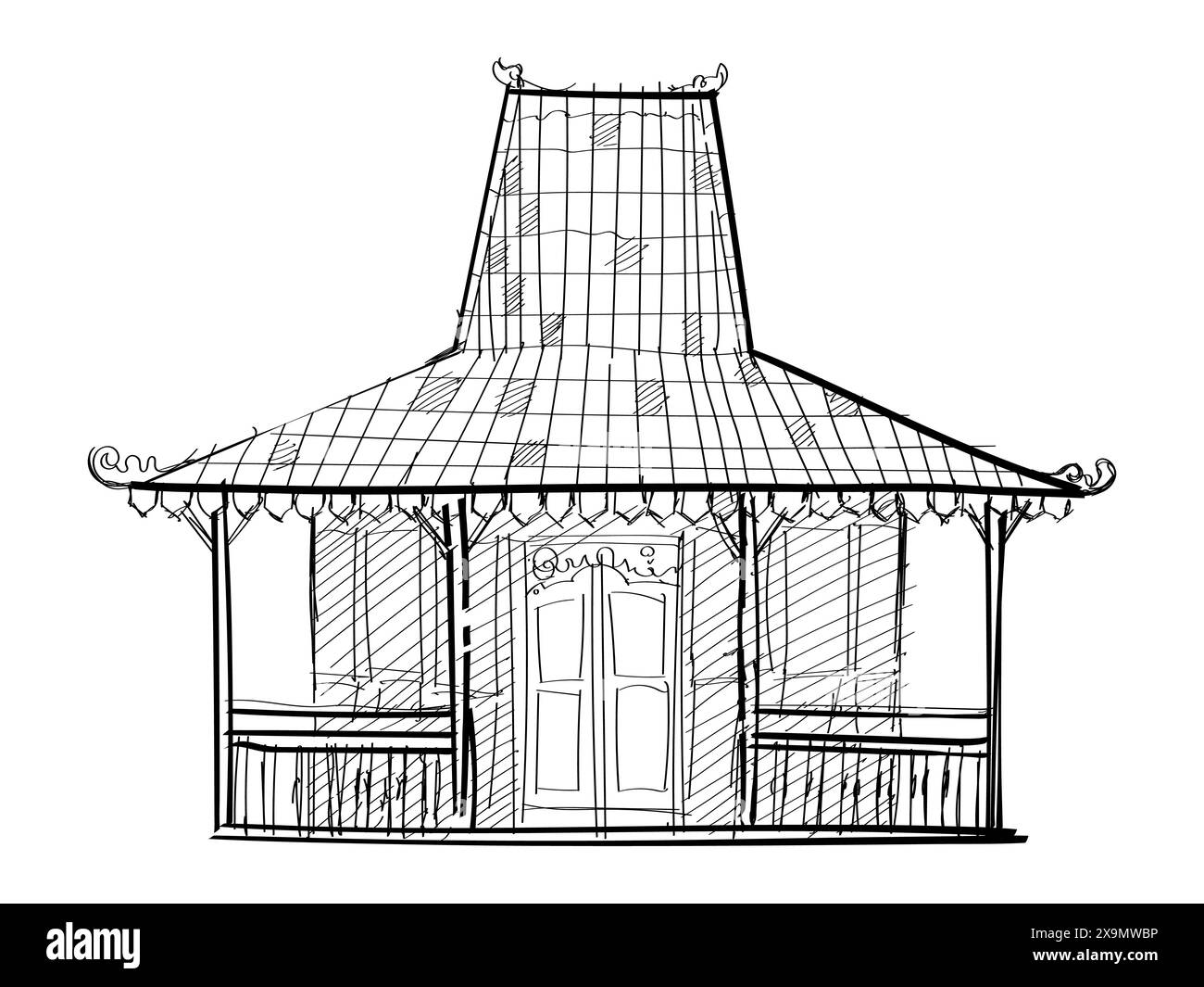 Joglo java casa tradizionale disegno a mano illustrazione di schizzi in legno stile architettonico giavanese Illustrazione Vettoriale