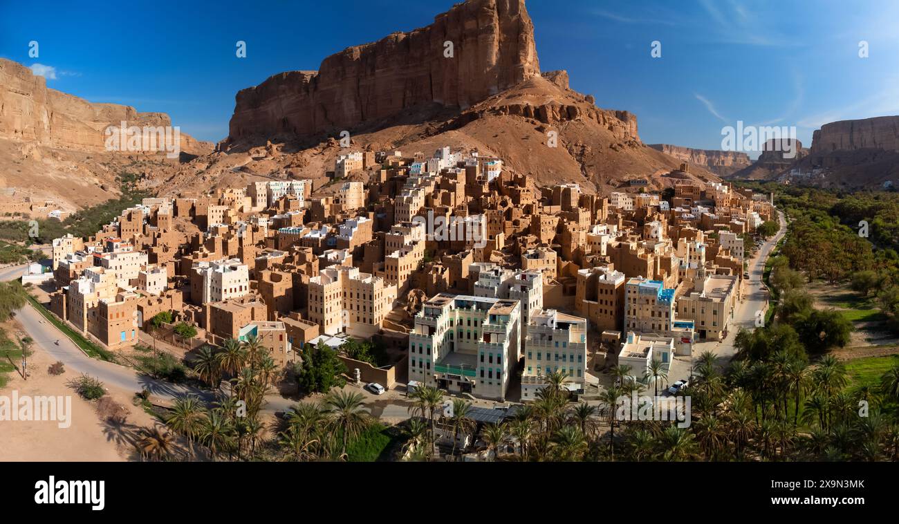 Rihab è una città dello Yemen situata nella regione di Wadi Dawan, nel Governatorato di Hadhramaut. E' famoso per i suoi edifici in mattoni di fango. Foto Stock
