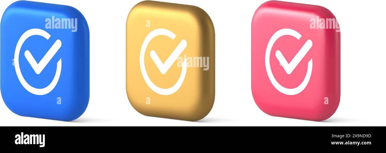 Segno di spunta in cerchio pulsante fatto approvato accettazione ok voto positivo inserire icone blu oro e rosa realistiche 3d. Selezionare completa contratto Web ap Illustrazione Vettoriale