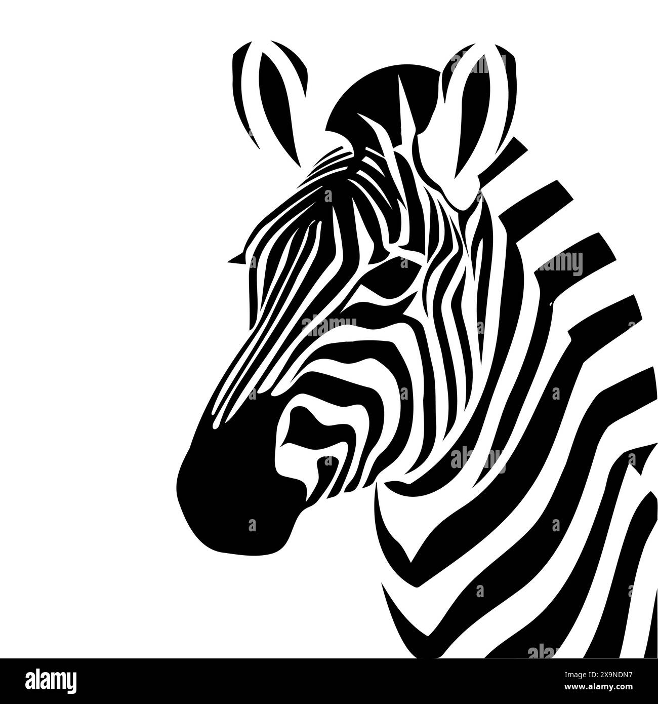 Una rappresentazione artistica di una testa di zebre in bianco e nero, che mostra il suo motivo distintivo e caratteristiche come capelli, occhi e muso Illustrazione Vettoriale