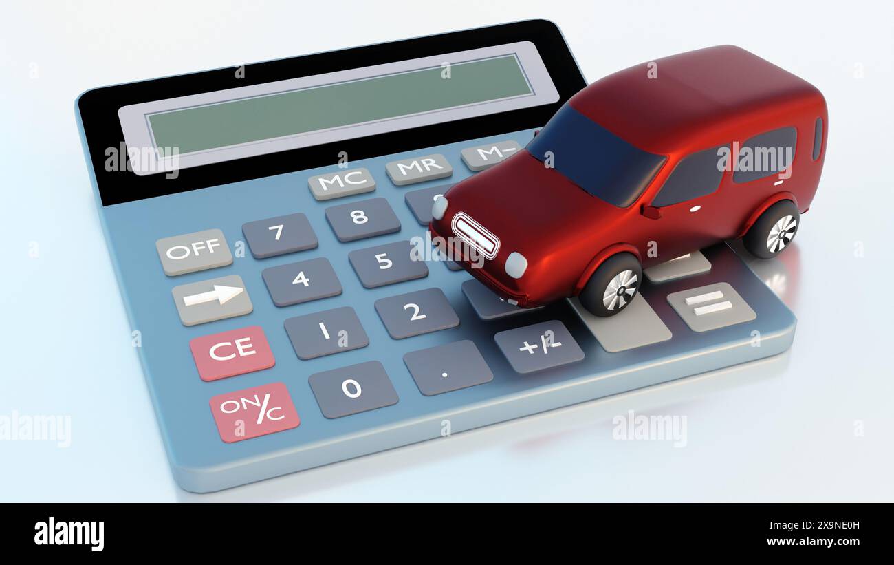 Rendering 3d di una moderna auto EV e di una calcolatrice affiancati Foto Stock