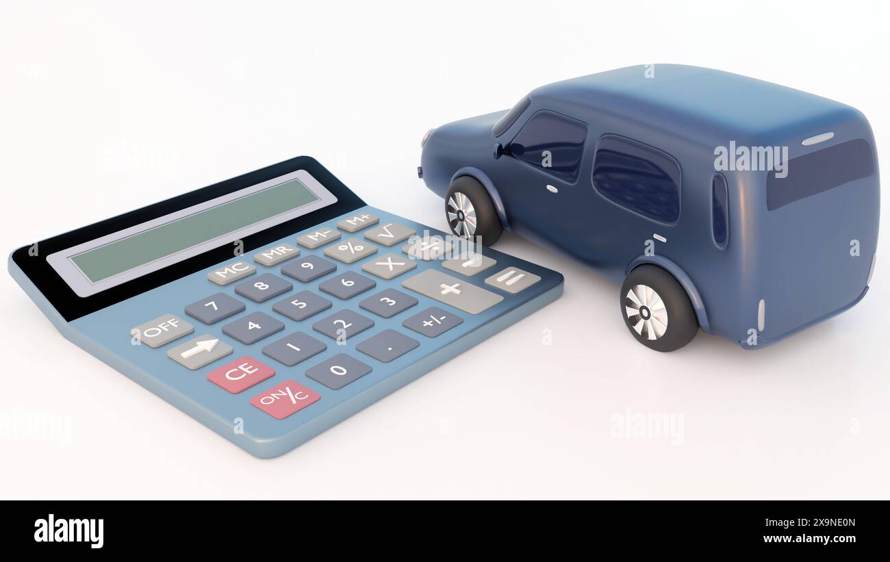 Rendering 3d di una moderna auto EV e di una calcolatrice affiancati Foto Stock