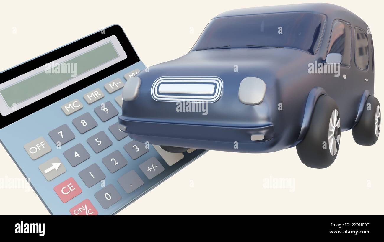 Rendering 3d di una moderna auto EV e di una calcolatrice affiancati Foto Stock