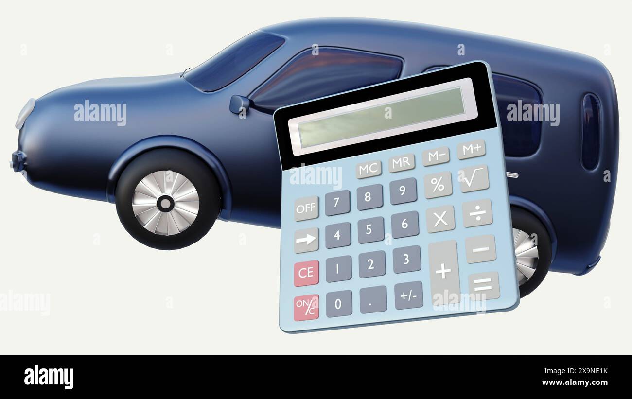 Rendering 3d di una moderna auto EV e di una calcolatrice affiancati Foto Stock