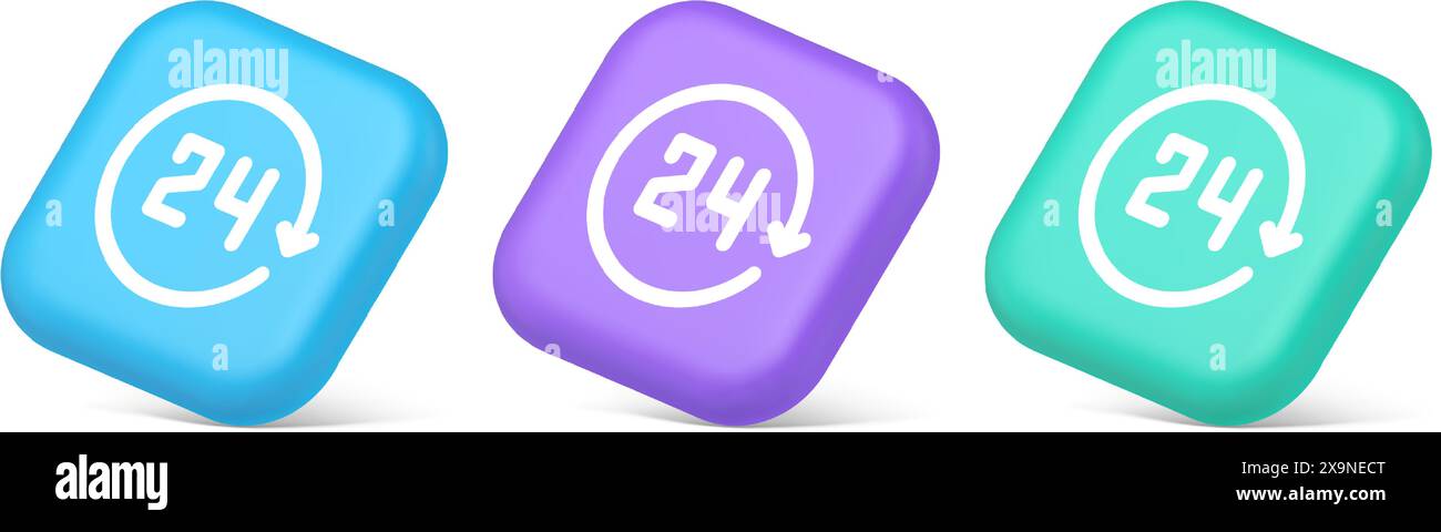 pulsante freccia circolare di 24 ore sempre disponibile servizio di assistenza 3d realistico icone blu viola e verde. Assistenza telefonica helpdesk consegna merci acquisti c Illustrazione Vettoriale