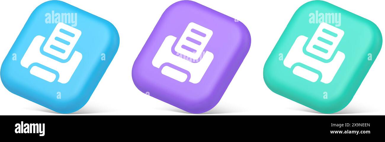 Dispositivo di stampa per la stampa di documenti cartacei pulsante tecnologia di stampa dell'inchiostro icone blu viola e verde realistiche 3d. Premere text Office desktop ele Illustrazione Vettoriale