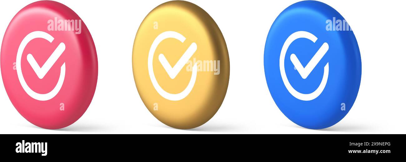 Segno di spunta in cerchio pulsante fatto approvato accettazione ok voto positivo inserire icone blu oro e rosa realistiche 3d. Selezionare completa contratto Web ap Illustrazione Vettoriale