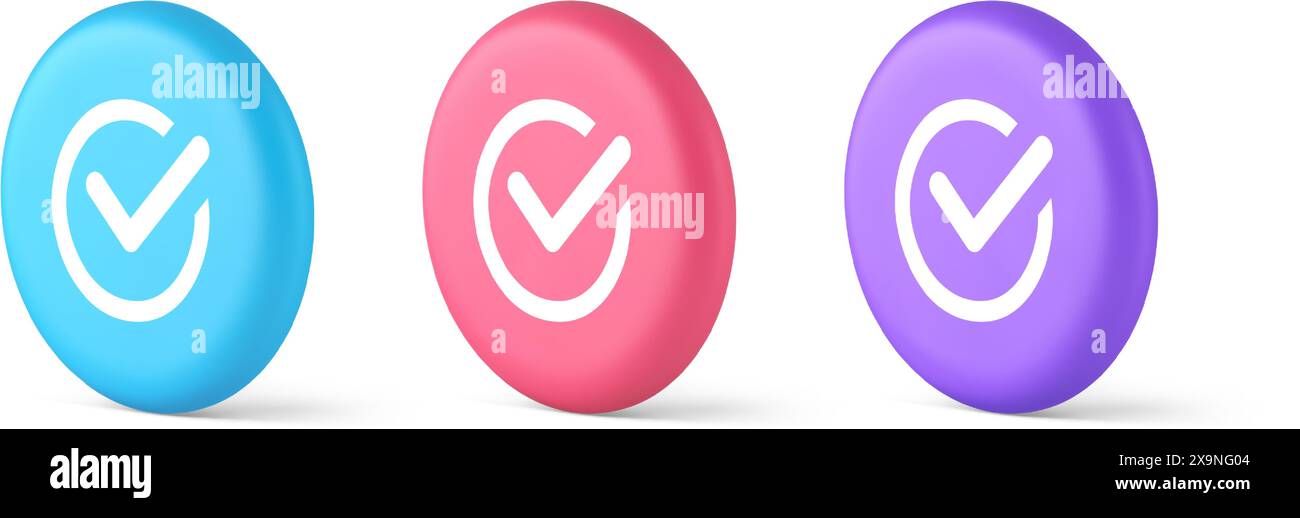 Segno di spunta in cerchio pulsante Done Approved OK Acceptance voto positivo inserire icone blu rosa e viola realistiche 3d. Selezionare completa contratto Web Illustrazione Vettoriale