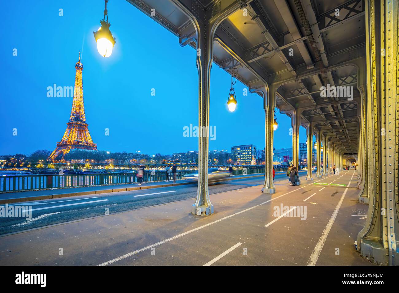 Torre Eiffel di Parigi e Pont de Bir Hakeim a Parigi, Francia di notte Foto Stock