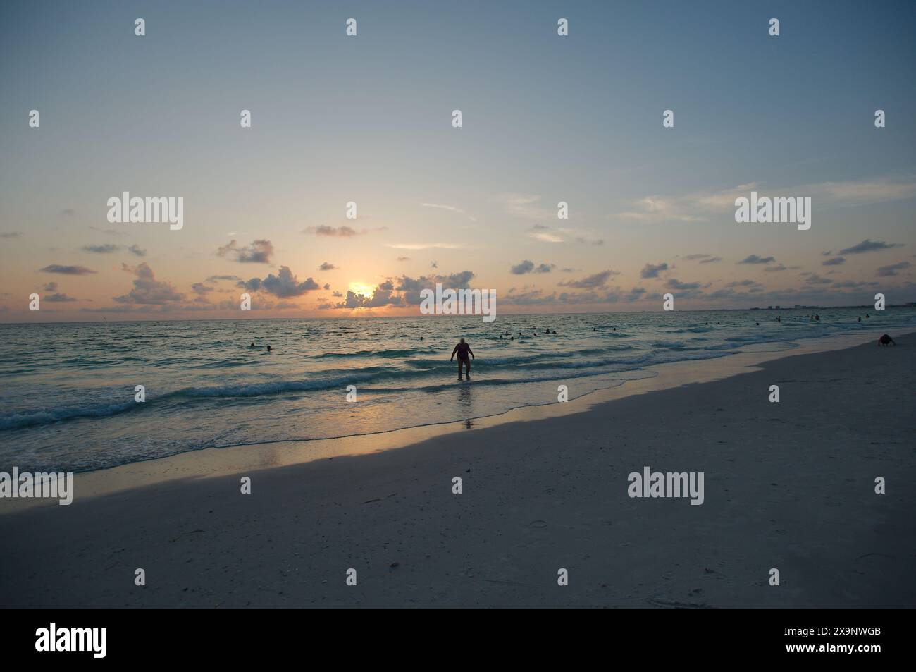 Tramonto alla spiaggia Pass-a-Grille di St Petersburg, Florida. Scarsa illuminazione con più persone in acqua. Bagliore dorato e cielo blu del Sole orizzontale Foto Stock