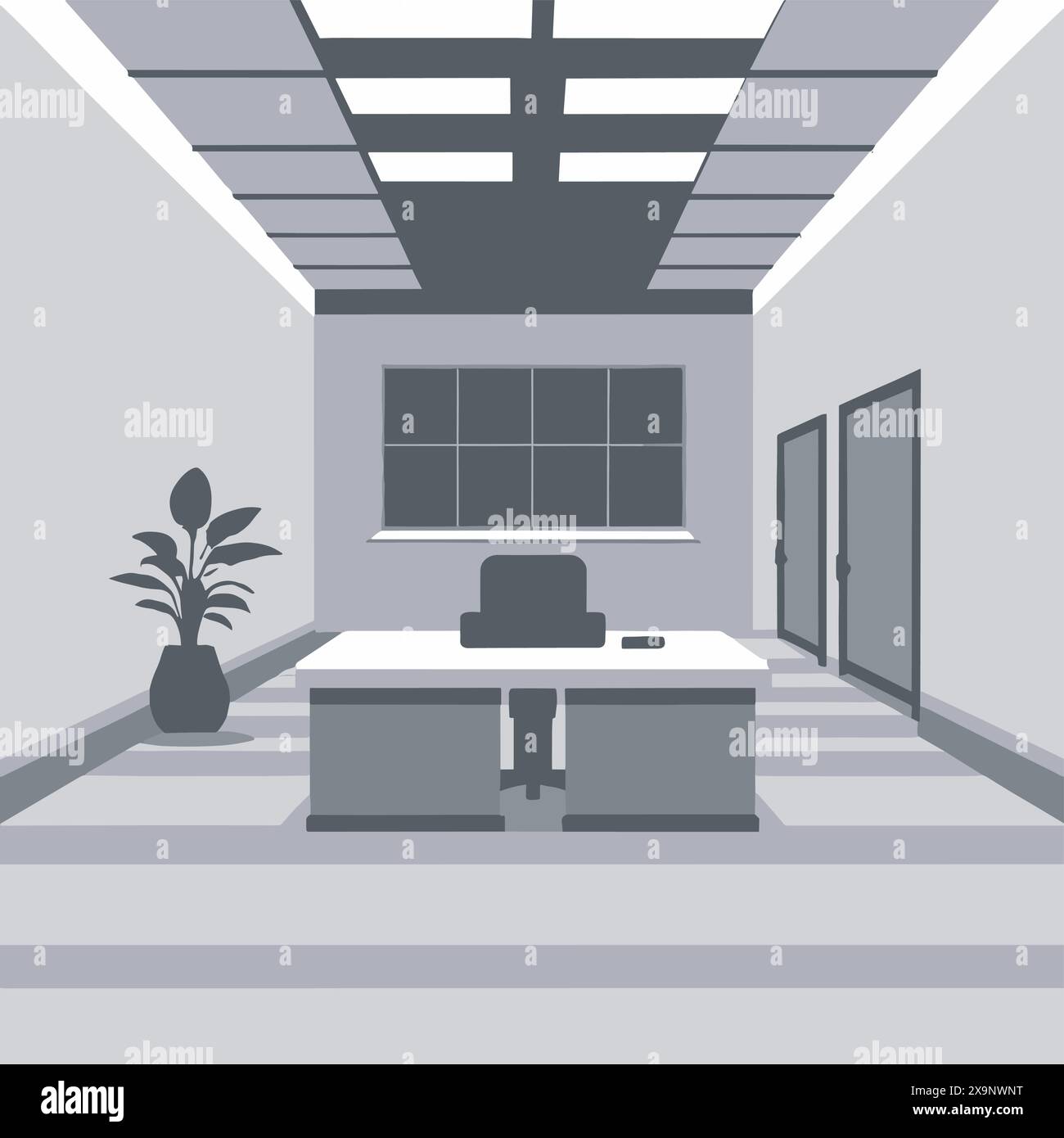 Moderno ufficio con scrivania, sedie e impianto Illustrazione Vettoriale