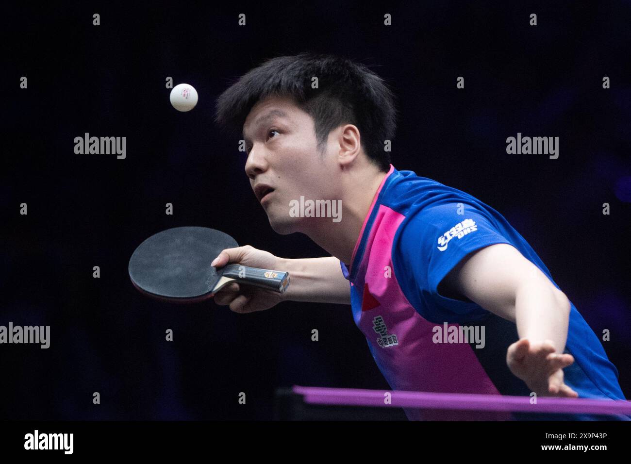 Chongqing. 2 giugno 2024. Fan Zhendong serve durante la semifinale