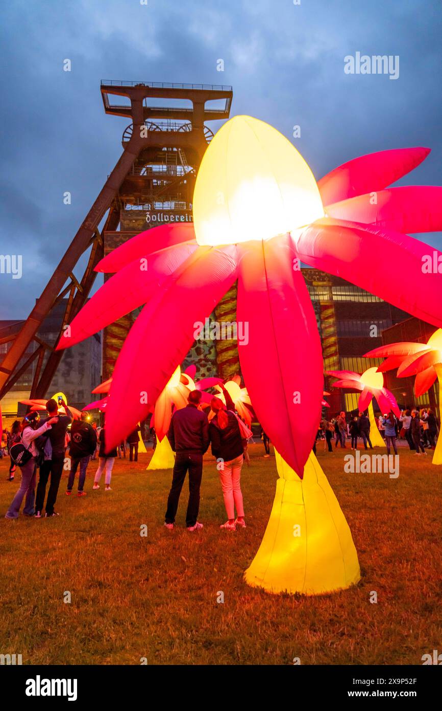 Extraschicht, Die lange Nacht der Industriekultur, Kulturfest quer durch das Ruhrgebiet, 35 Spielorte in 19 Städten, hier Leuchtende Blumen Illumination an der Zeche Zollverein in Essen, Doppelbock Fördergerüst Schacht 12, NRW, Deutschland, Extraschicht Zollverein ** Extraschicht, la lunga notte della cultura industriale, festival culturale della regione Ruhr 35 sedi in 19 città, qui illuminano i fiori alla miniera Zollverein di Essen, Doppelbock torretta tortuosa Shaft 12, NRW, Germania, Extraschicht Zollverein Foto Stock