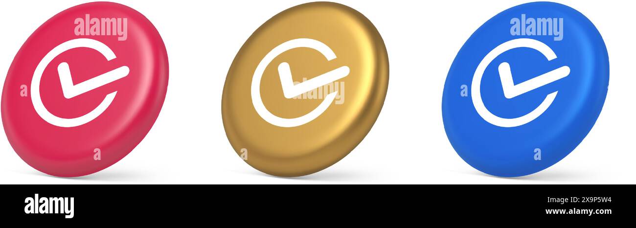Segno di spunta in cerchio pulsante fatto approvato accettazione ok voto positivo inserire icone blu oro rosa realistiche 3d. Spuntare l'applic Web del contratto completo Illustrazione Vettoriale