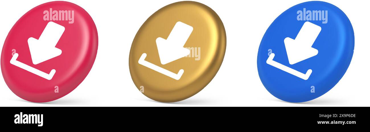 Scarica la freccia verso il basso pulsante di archiviazione delle informazioni sul cyberspazio navigazione su Internet file 3d realistiche icone blu oro rosa. Caricamento digitale dei dati Internet docum Illustrazione Vettoriale