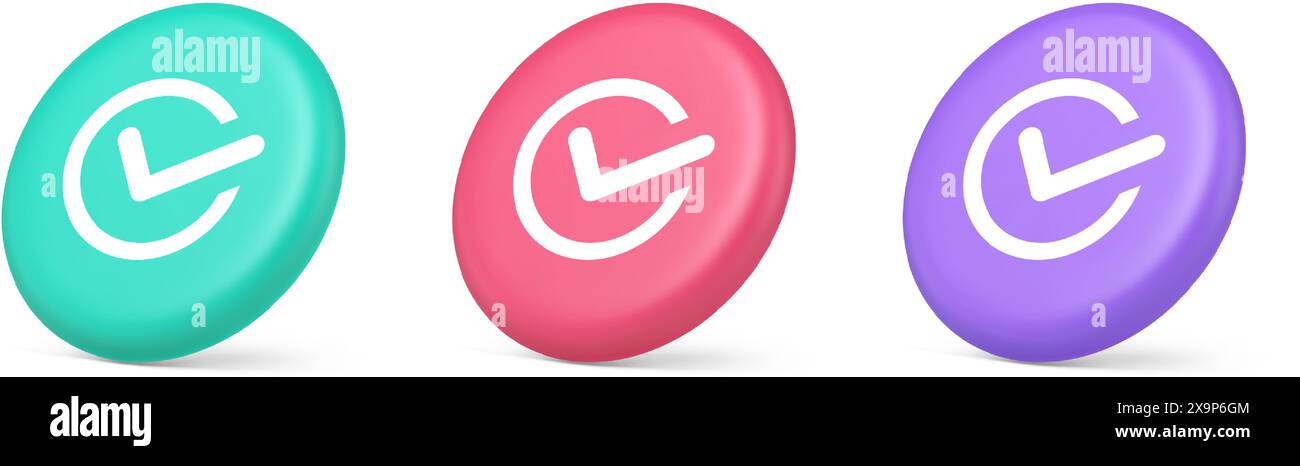 Segno di spunta in cerchio pulsante Done Approved OK Acceptance voto positivo immettere icone 3d realistiche verdi rosa e viola. Selezionare completa contratto Web Illustrazione Vettoriale
