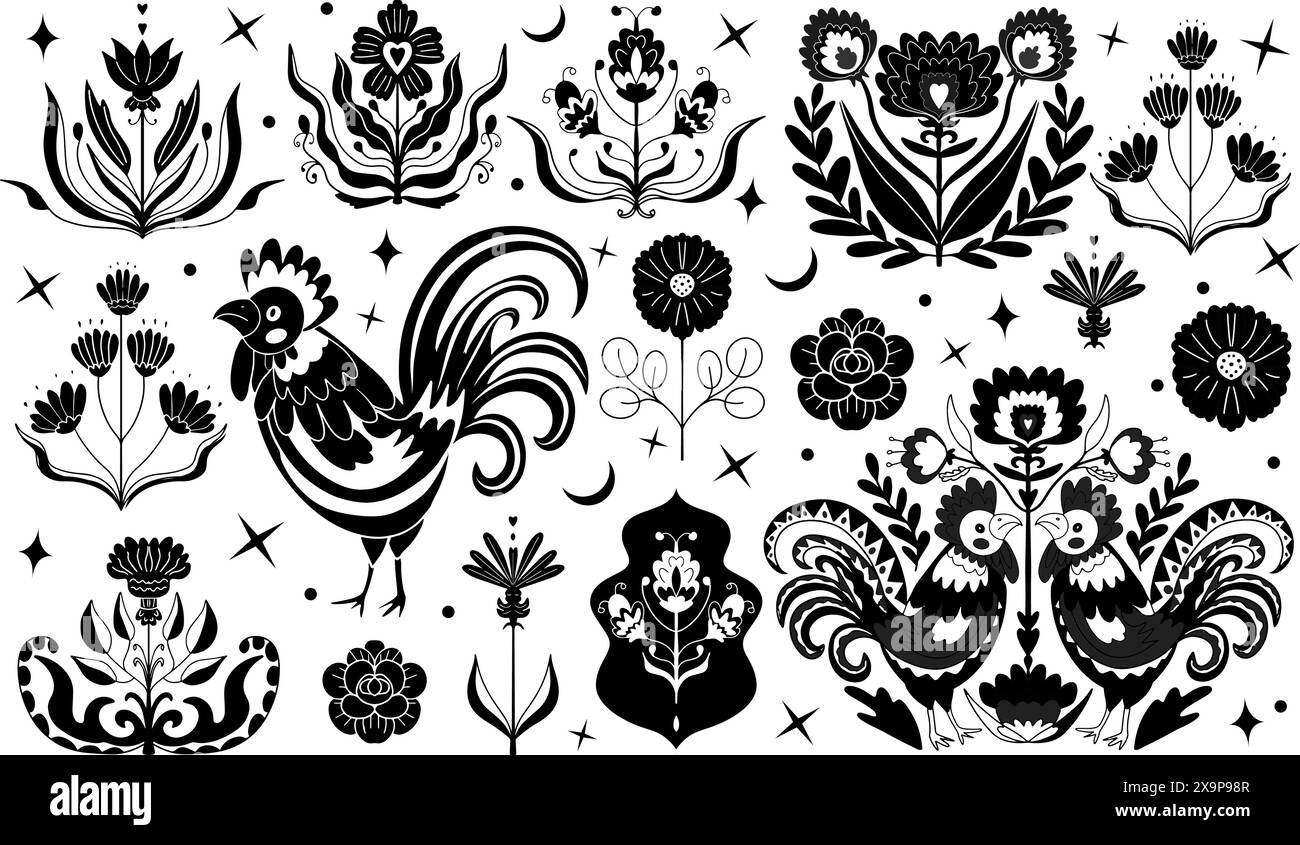set folk in bianco e nero. Fiore, galli. Arte popolare, stile linocut. Elementi decorativi vintage per il tuo design. Mano vettoriale Illustrazione Vettoriale