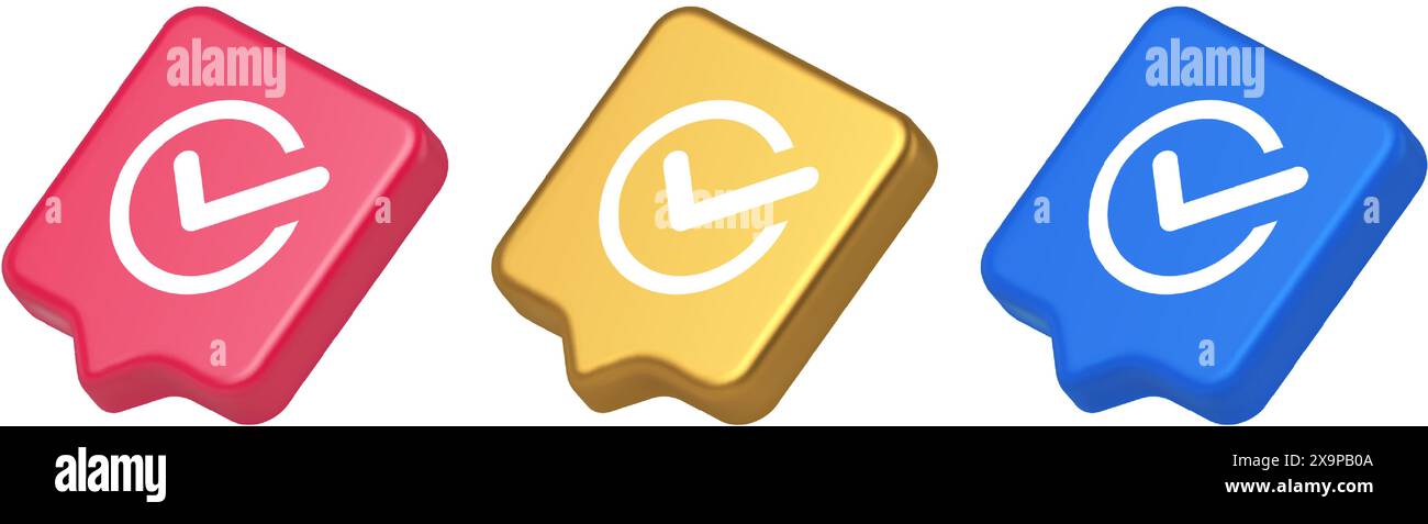 Segno di spunta in cerchio pulsante fatto approvato accettazione ok voto positivo immettere bolla vocale realistica 3d icone blu oro e rosa. Selezionare complete ag (ag completo) Illustrazione Vettoriale