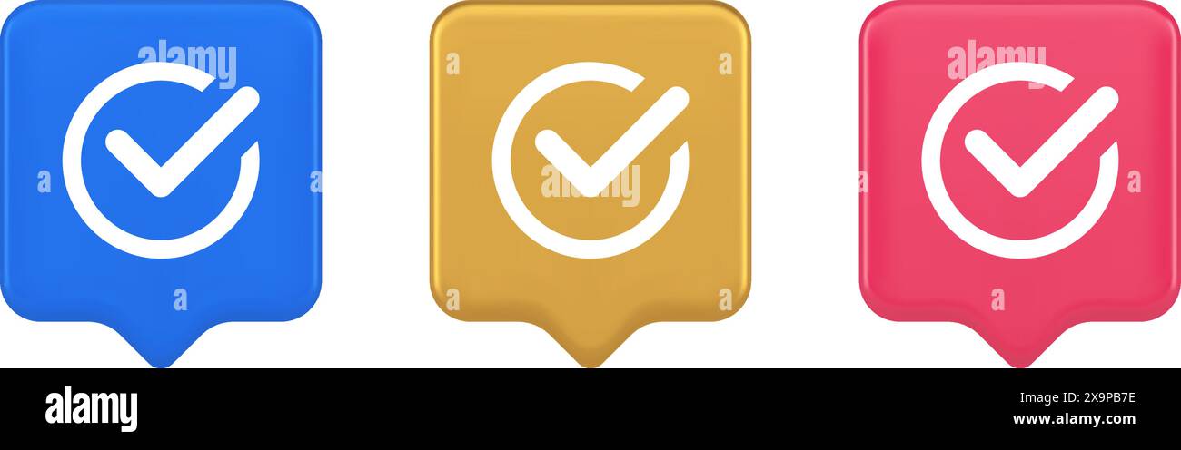 Segno di spunta in cerchio pulsante fatto approvato accettazione ok voto positivo immettere bolla vocale realistica 3d icone blu oro e rosa. Selezionare complete ag (ag completo) Illustrazione Vettoriale