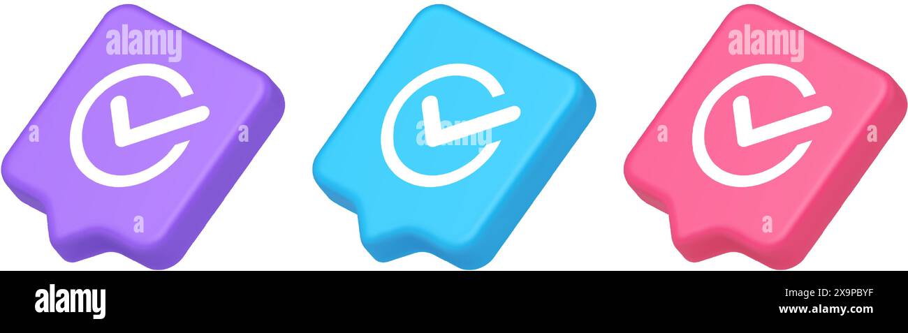 Segno di spunta in cerchio pulsante fatto approvato accettazione ok voto positivo immettere bolla vocale realistica 3d icone viola blu e rosa. Segno di spunta completato Illustrazione Vettoriale