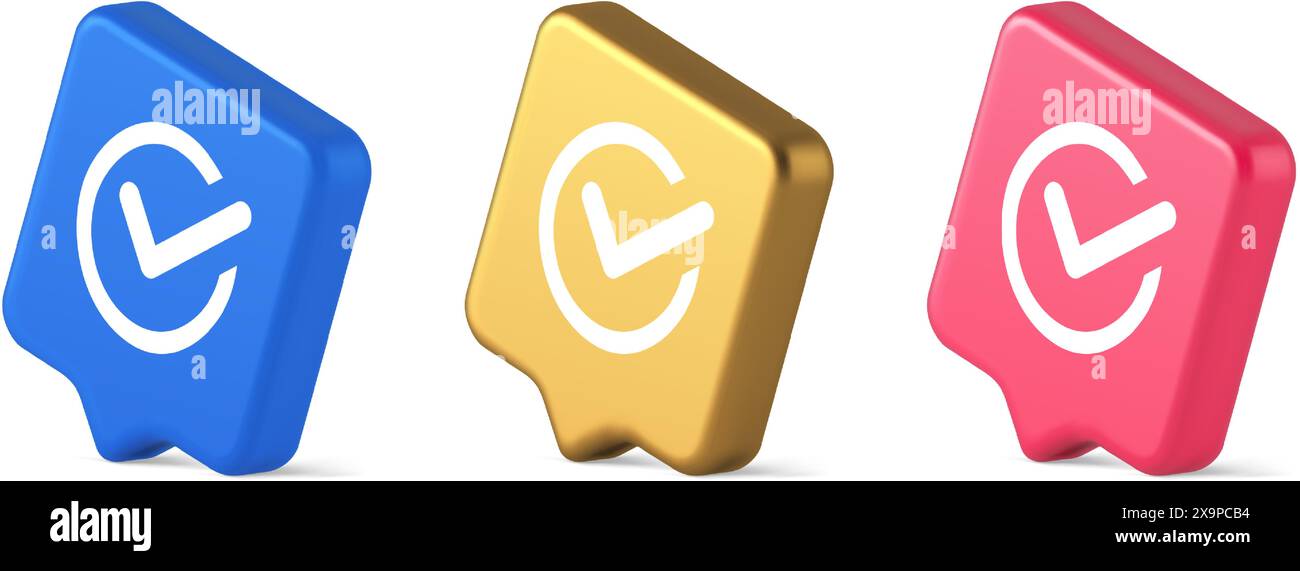 Segno di spunta in cerchio pulsante fatto approvato accettazione ok voto positivo immettere bolla vocale realistica 3d icone blu oro e rosa. Selezionare complete ag (ag completo) Illustrazione Vettoriale