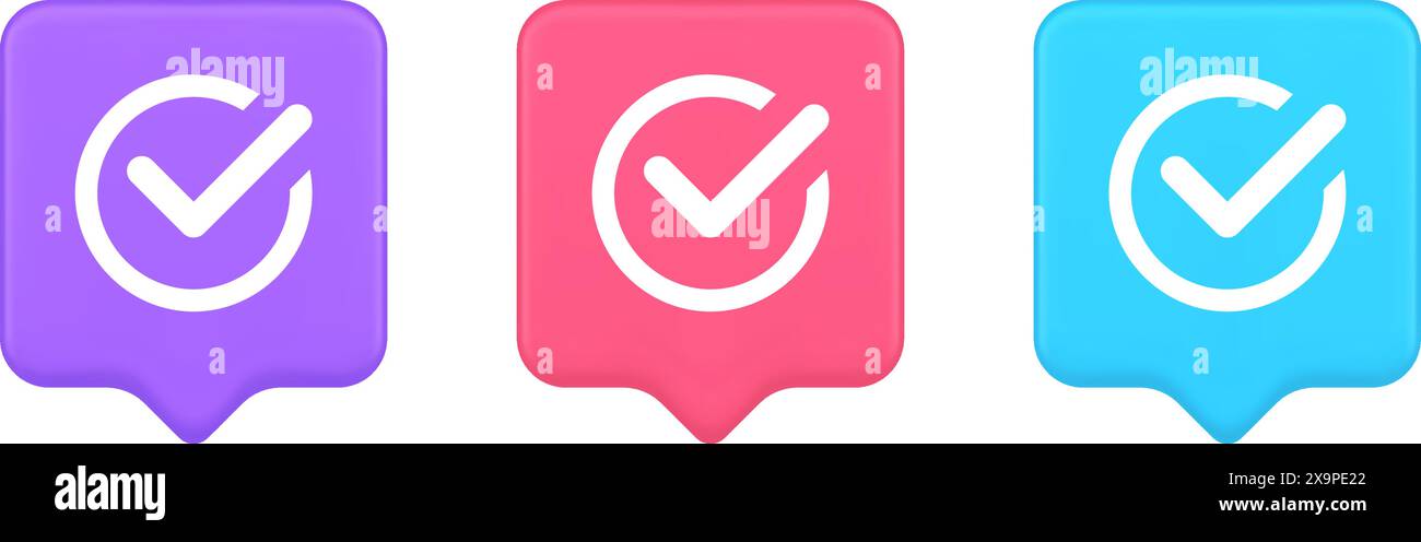Segno di spunta in cerchio pulsante fatto approvato accettazione ok voto positivo immettere una bolla vocale realistica 3d con icone rosa blu e viola. Segno di spunta completato Illustrazione Vettoriale