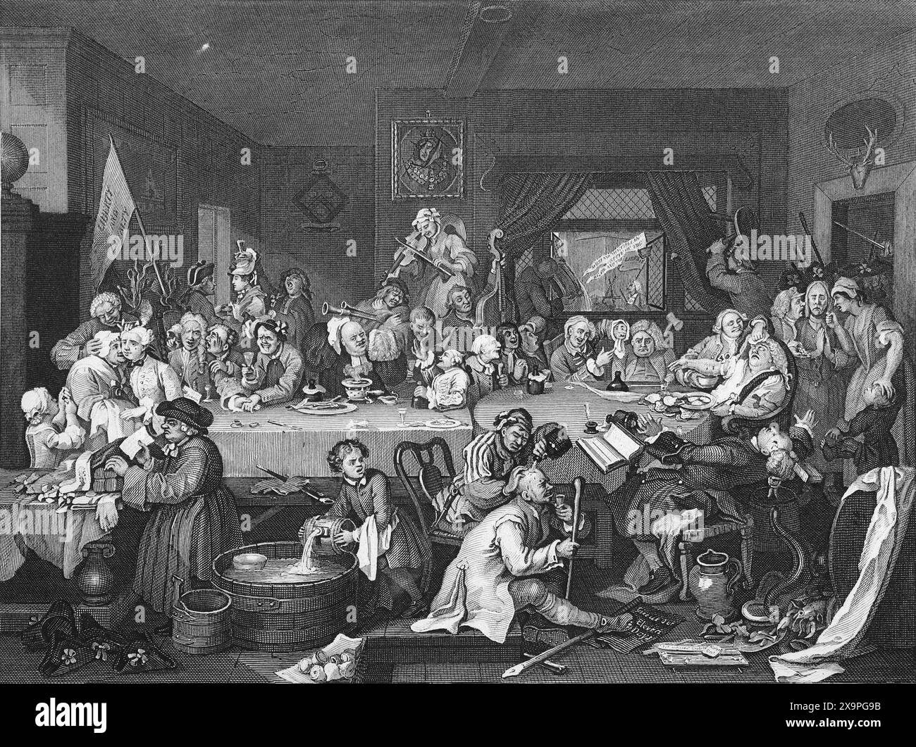 Illustrazione in bianco e nero: "Humours of an Election Entertainment". Incisione su William Hogarth (1697 - 1764) dalla sua serie, "The Election" Foto Stock