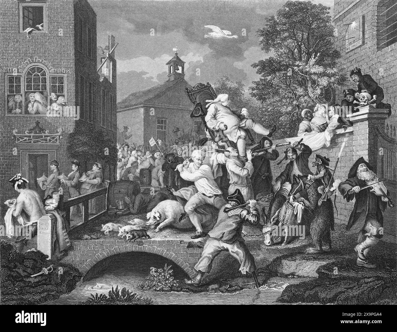 Illustrazione in bianco e nero: "Presiedere il Partecipante". Incisione su William Hogarth (1697 - 1764) dalla sua serie, "The Election" Foto Stock