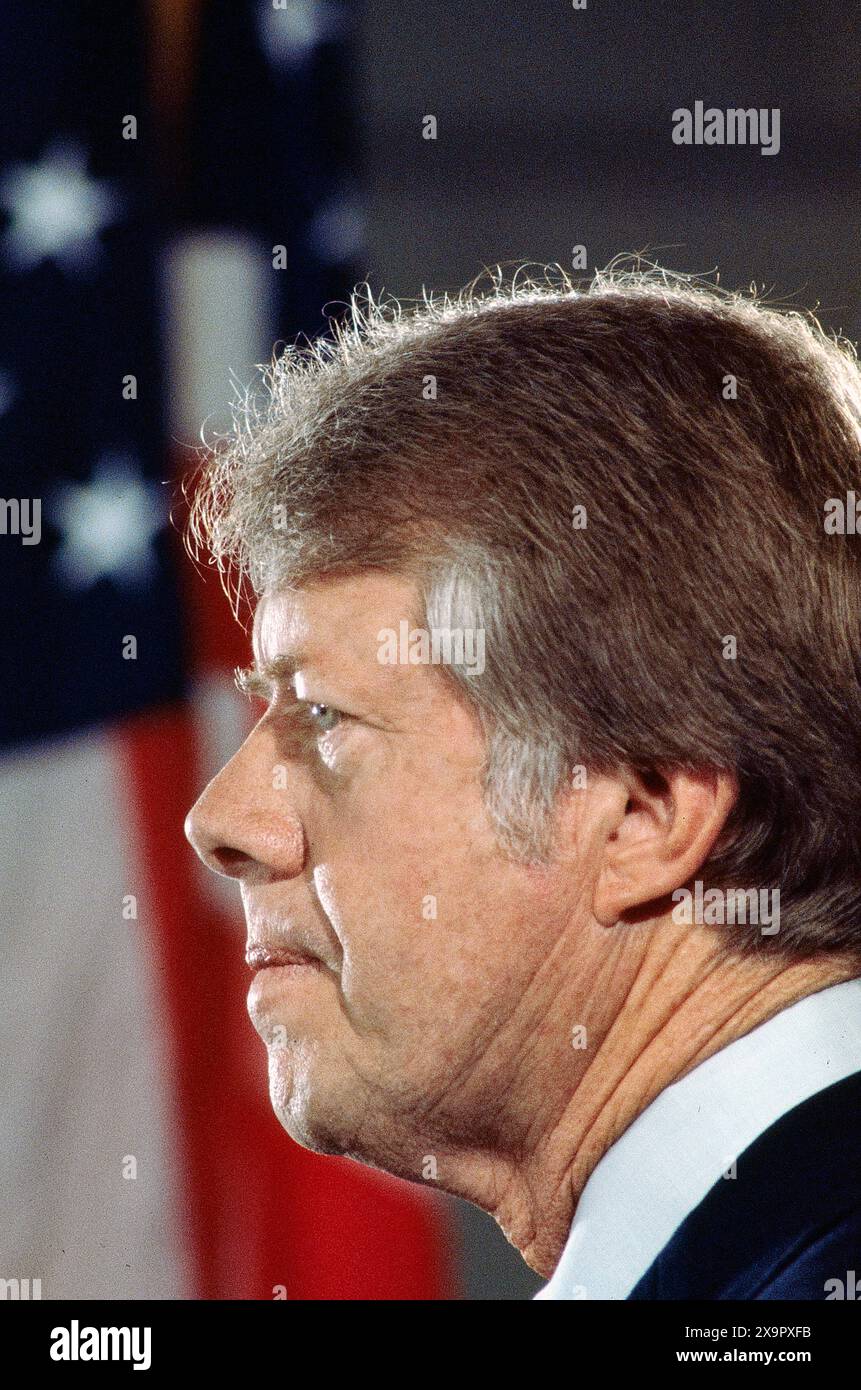 Il presidente degli Stati Uniti Jimmy Carter, ritratto del profilo della testa e delle spalle, Washington D.C., USA, Bernard Gotfryd, tra il 1977 e il 1981 Foto Stock