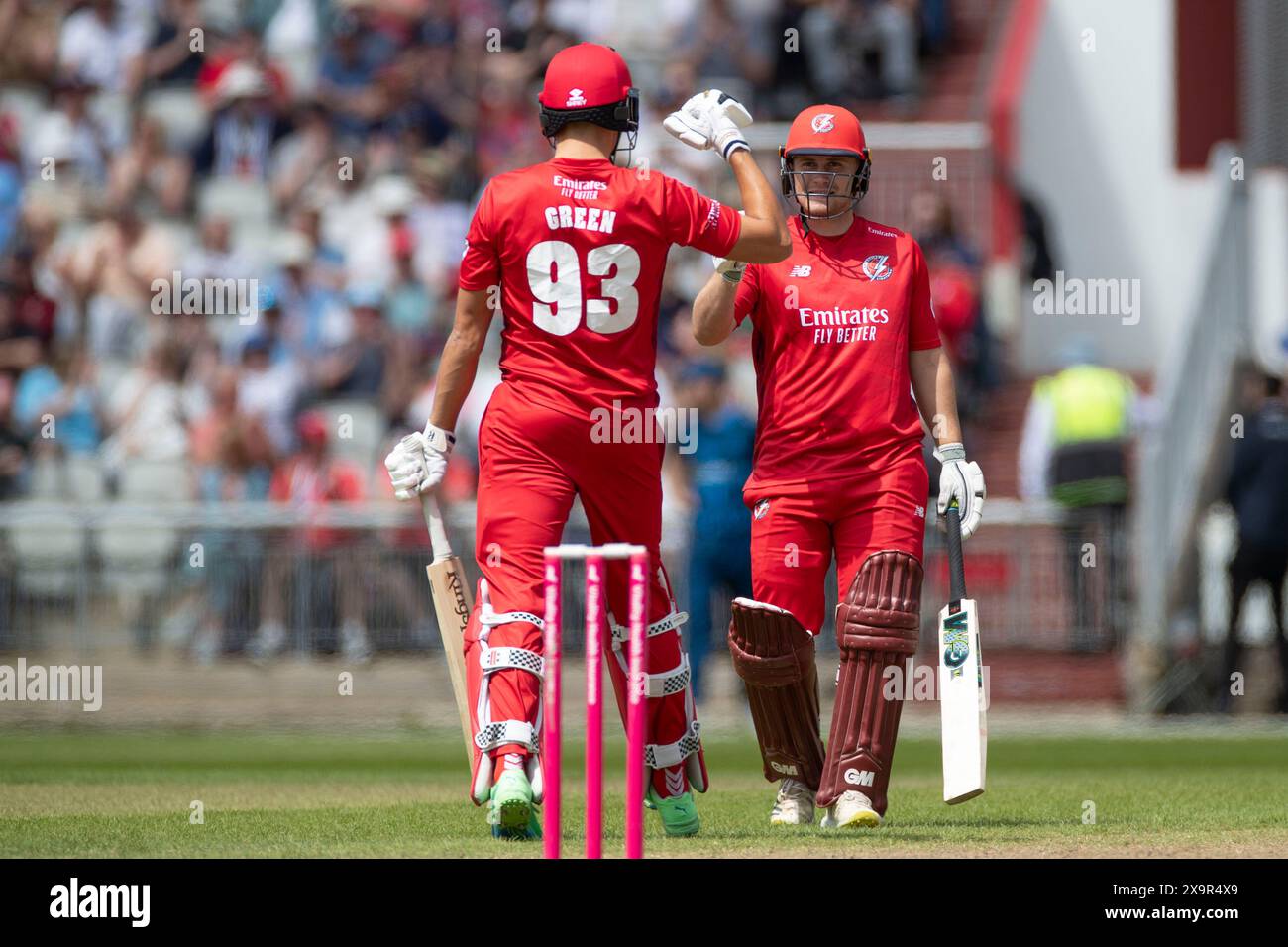 Old Trafford, Manchester domenica 2 giugno 2024. Chris Green #93 del Lancashire Cricket Club celebrano un wicket durante la partita Vitality Blast T20 tra Lancashire e Derbyshire County Cricket Club all'Old Trafford, Manchester, domenica 2 giugno 2024. (Foto: Mike Morese | mi News) crediti: MI News & Sport /Alamy Live News Foto Stock