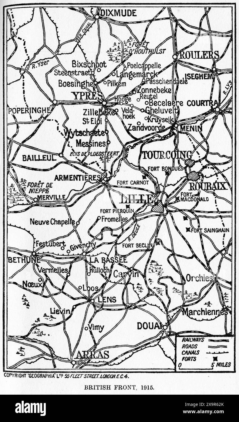 Mappa del fronte Brtiish nella prima guerra mondiale. Dalla campagna britannica in Francia e nelle Fiandre di Arthur Conan Doyle, 1915. Foto Stock