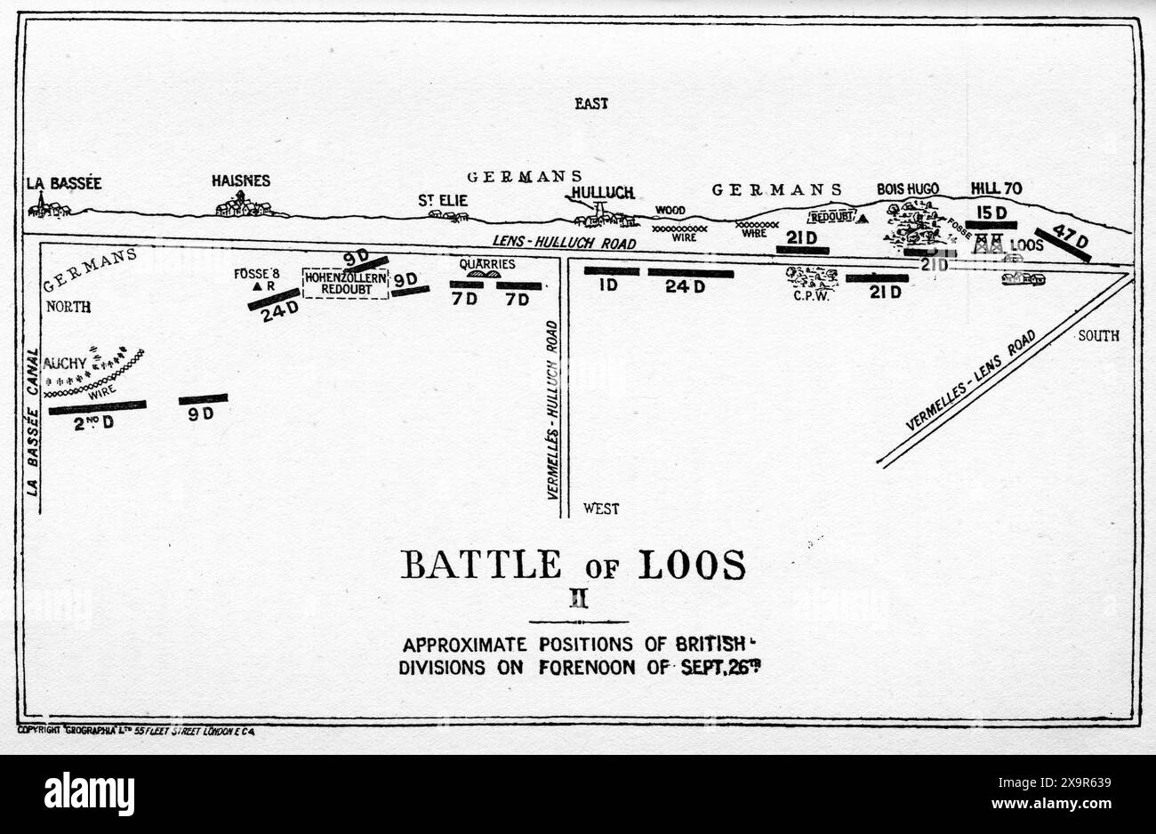 Mappa della strategia di battaglia per la battaglia di Loos durante la prima guerra mondiale. Dalla campagna britannica in Francia e nelle Fiandre di Arthur Conan Doyle, 1915. Foto Stock